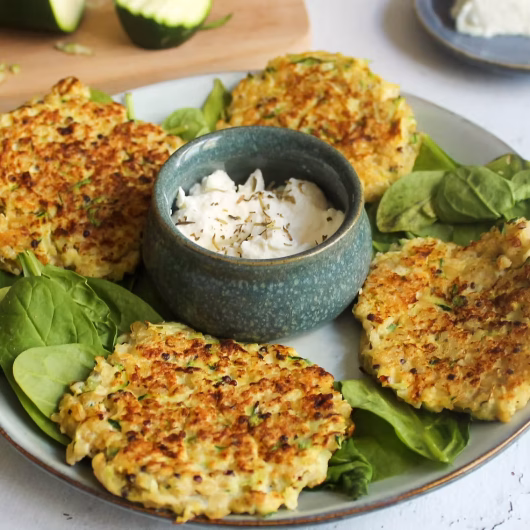 Galettes de quinoa, courgettes et chèvre frais avec sauce au fromage blanc