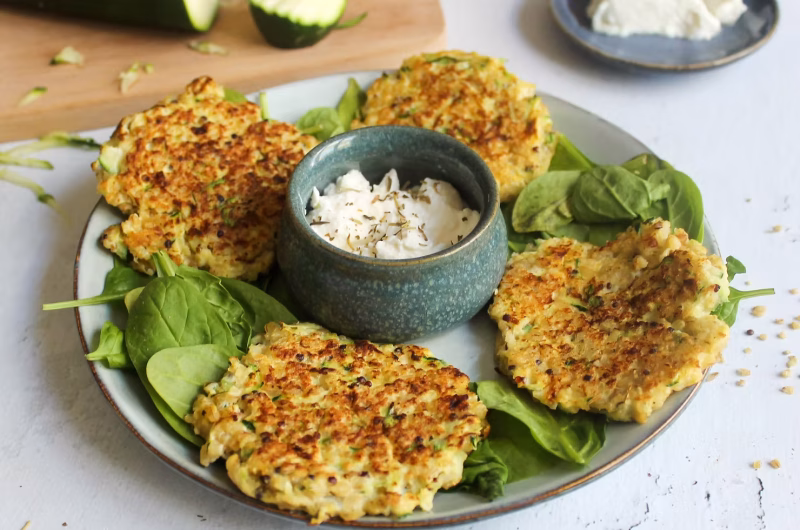 Galettes de quinoa, courgettes et chèvre frais avec sauce au fromage blanc